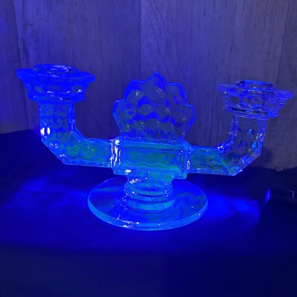 Fostoria pressed manganese depression glass candelabra pre-1930 (yellow glow) - Picture 2 of 9